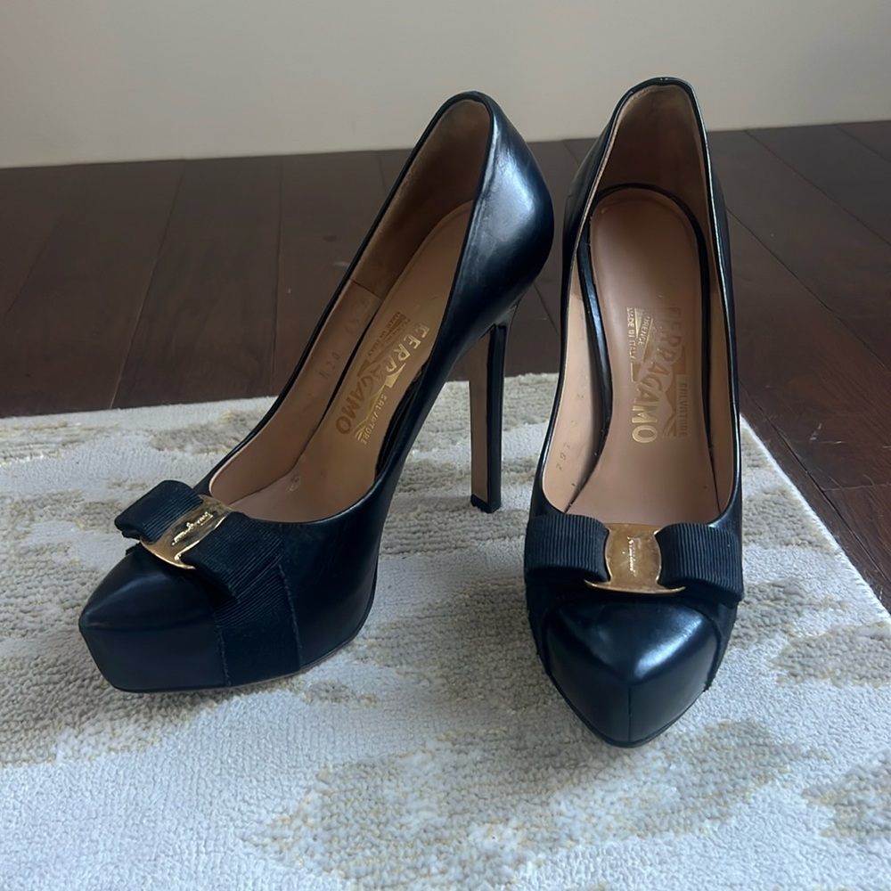 Salvatore Ferragamo Black Heels with Gold Accents